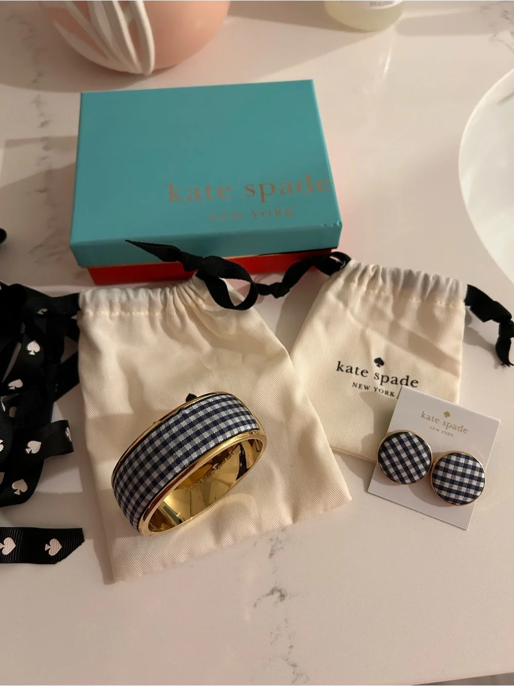 Kate Spade Women’s Navy Gingham Bangle and Stud Earring Set
